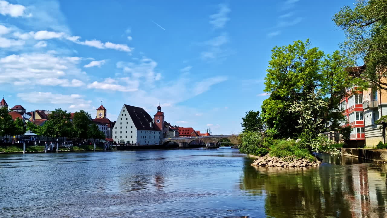 Scenic view of Steinerne Brücke spanning the Danube River in Regensburg, Germany