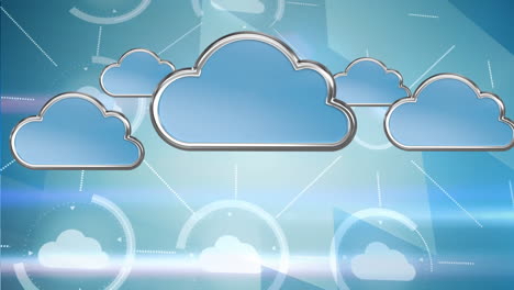 digital animation of clouds icons floating against network of clouds on blue background