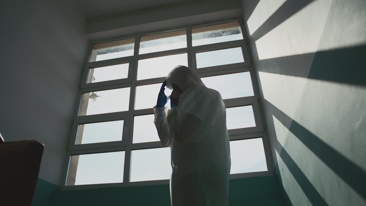 Person in Hazmat Suit by a Window