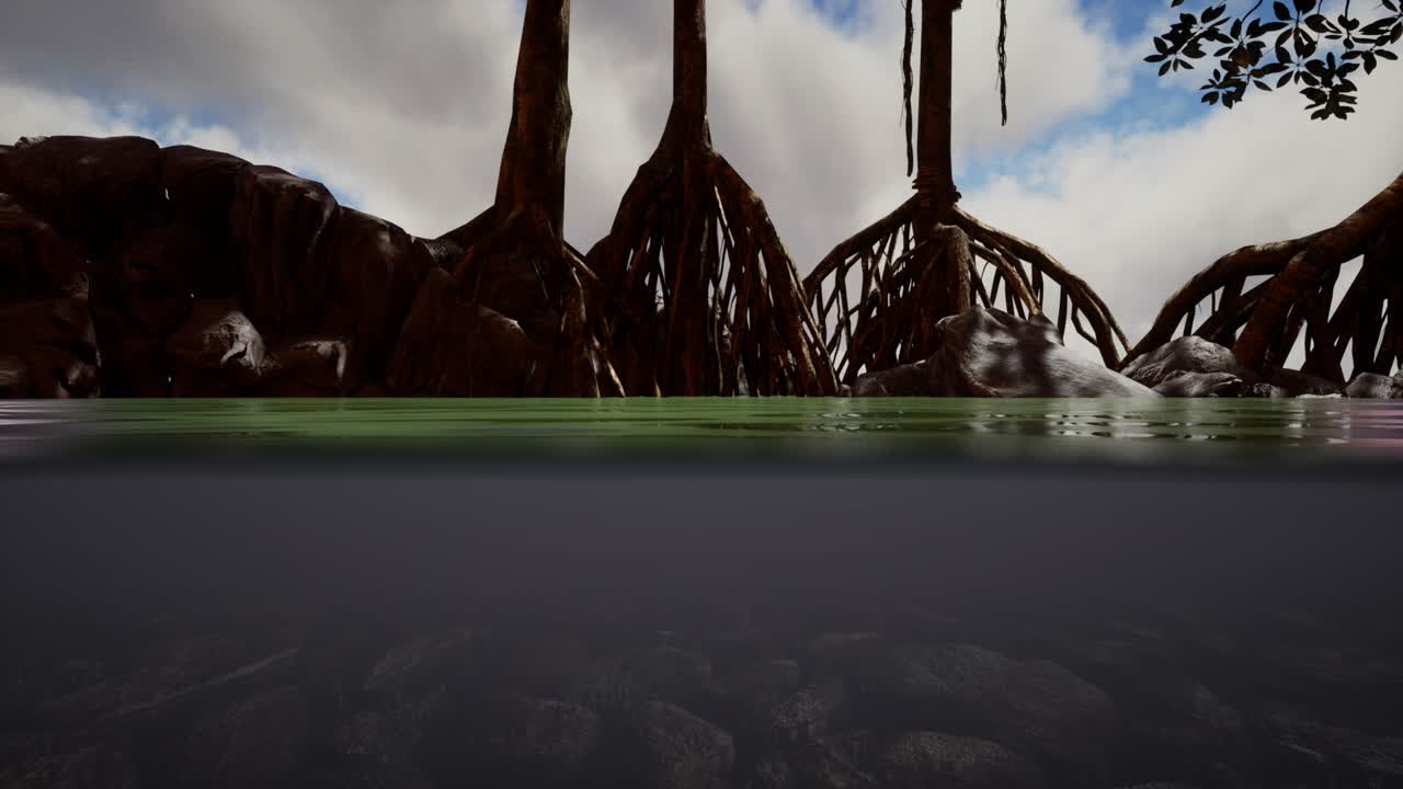 만그로브 나무 근처의 해수면 위와 해수면 아래