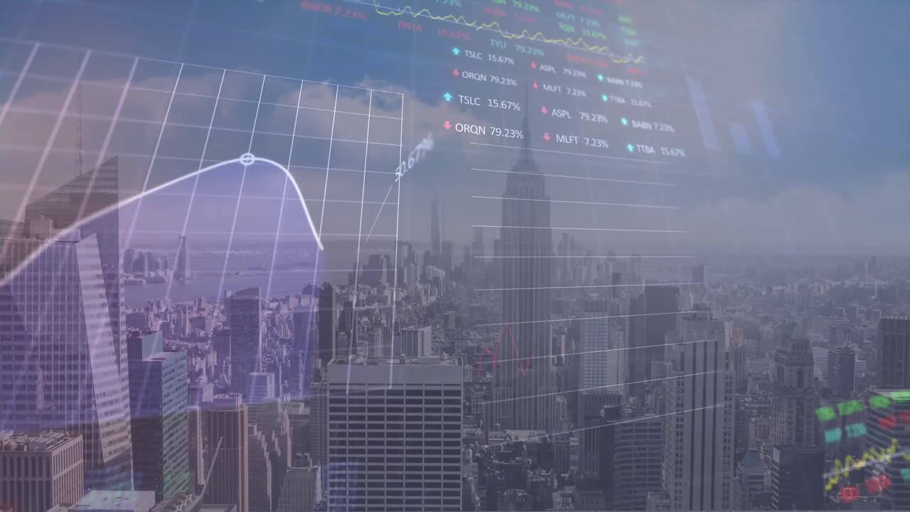 animación de gráficos financieros y datos sobre el paisaje urbano