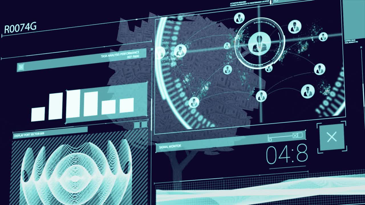 Animazione di un'interfaccia infografica con grafici, onda sonora e icone del profilo su un albero digitale.