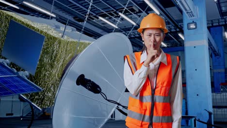 ingeniero en una fábrica con antena parabólica y paneles solares