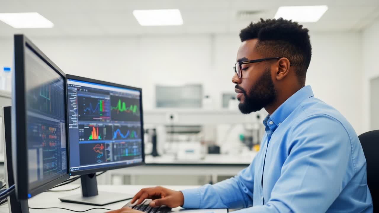 Focused Professional Analyzing Data on Dual Monitors, Showcasing Advanced Technology and Analytical Skills in a Modern Workspace