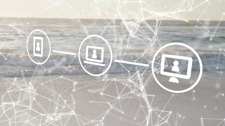 Particles forming, sparking devices appearing left to right, linking and showing network over beach