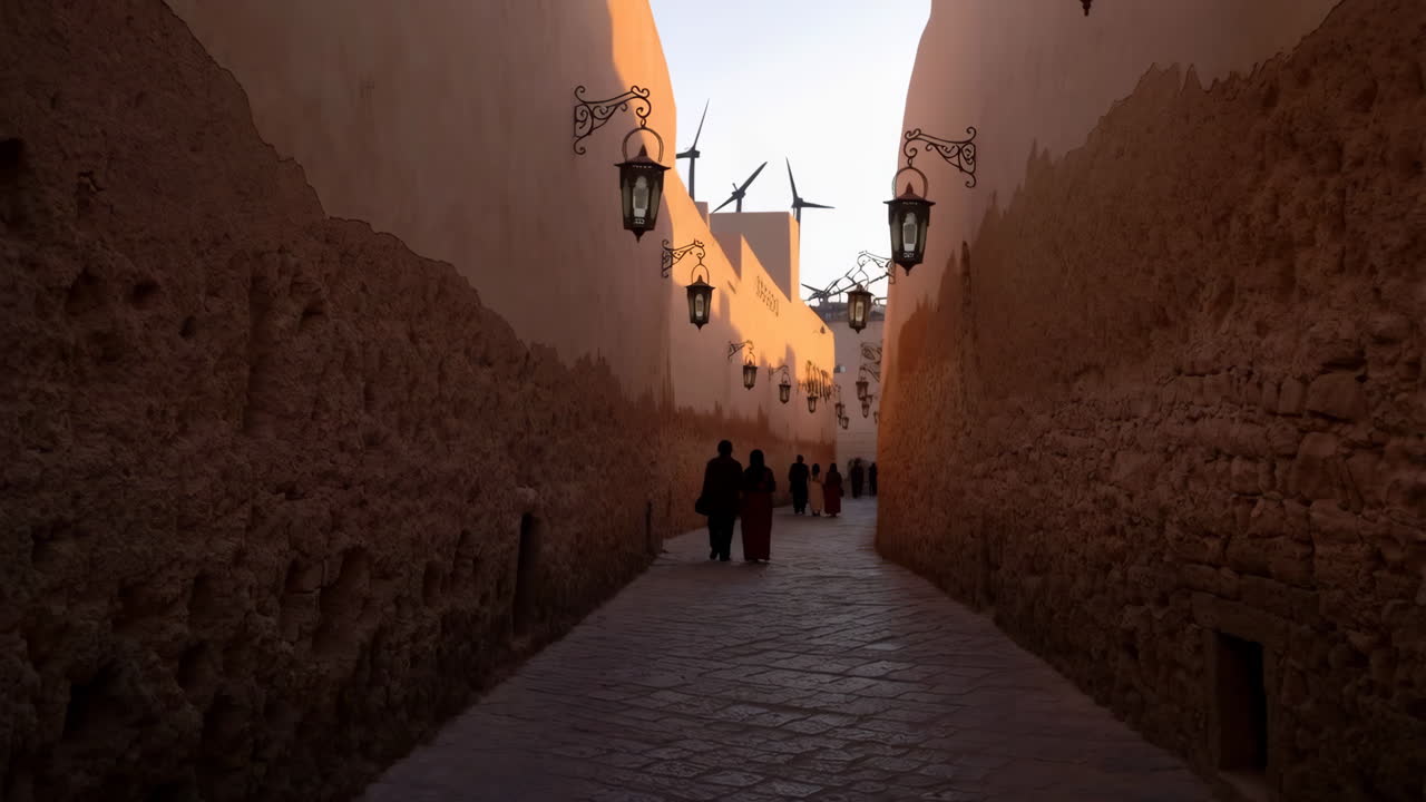 Historic Alleyway with Modern Wind Turbines and Pedestrians at Dusk