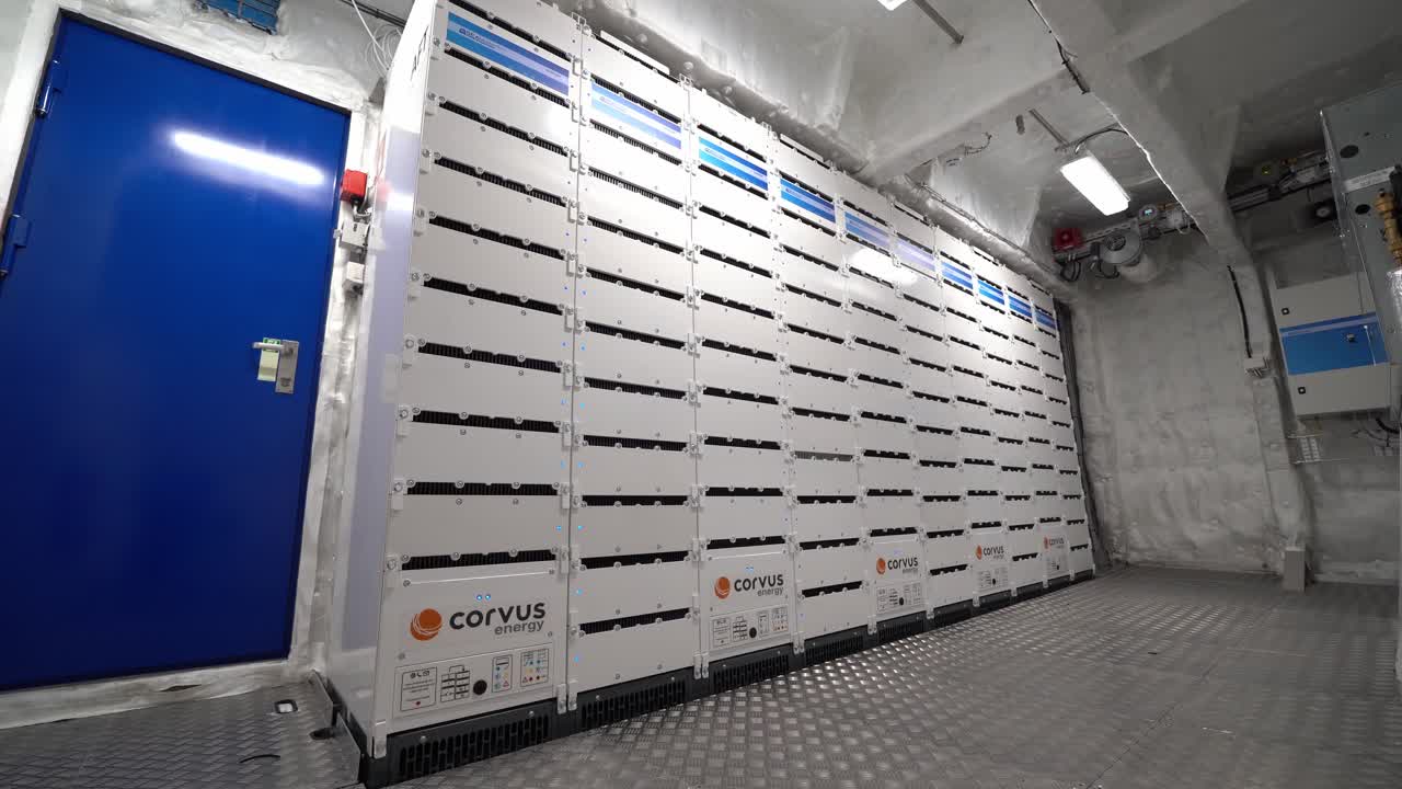 Slowly Zoom out Inside Battery system room on Electric ship - eco friendly transportation