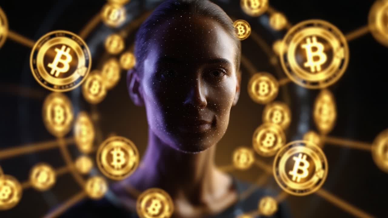 Una donna incarna la rivoluzione delle valute digitali, circondata da simboli di criptovalute, che rappresenta il futuro della finanza e i progressi tecnologici.