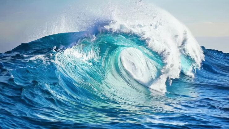 Dynamic ocean wave captured in a wide-angle shot, showcasing the power and beauty of nature