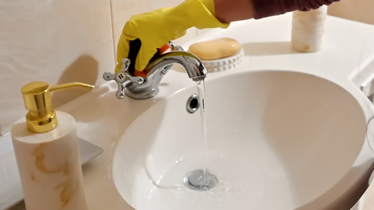 Kvinde med gule gummihandsker vasker håndvasken på badeværelset med en svamp