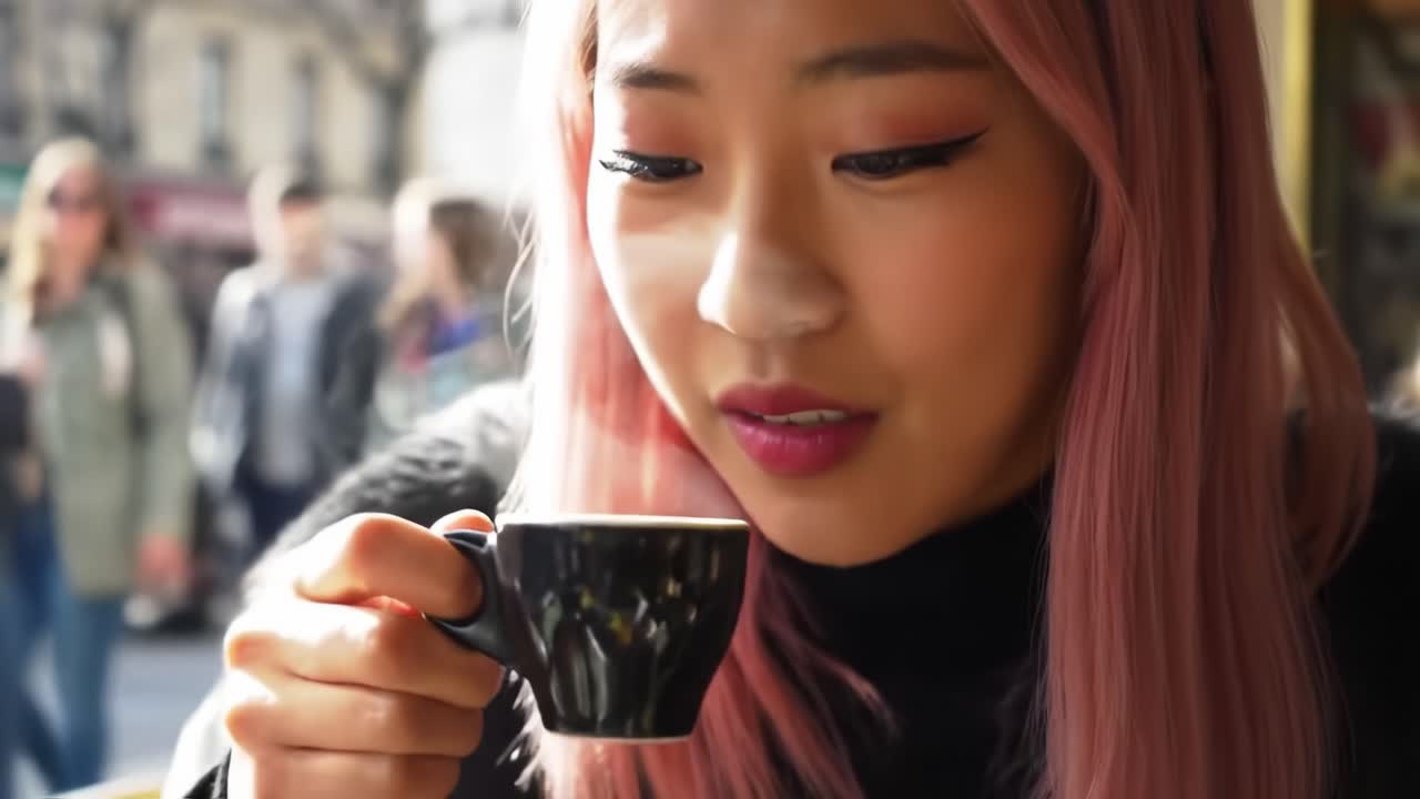 A Young Woman Enjoying Coffee in a Bustling City Café, Relishing the Flavor as She Takes a Moment to Savor the Experience with a Warm Smile