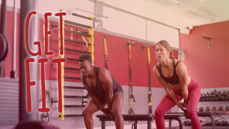 animation of get fit text over diverse man and woman exercising in gym