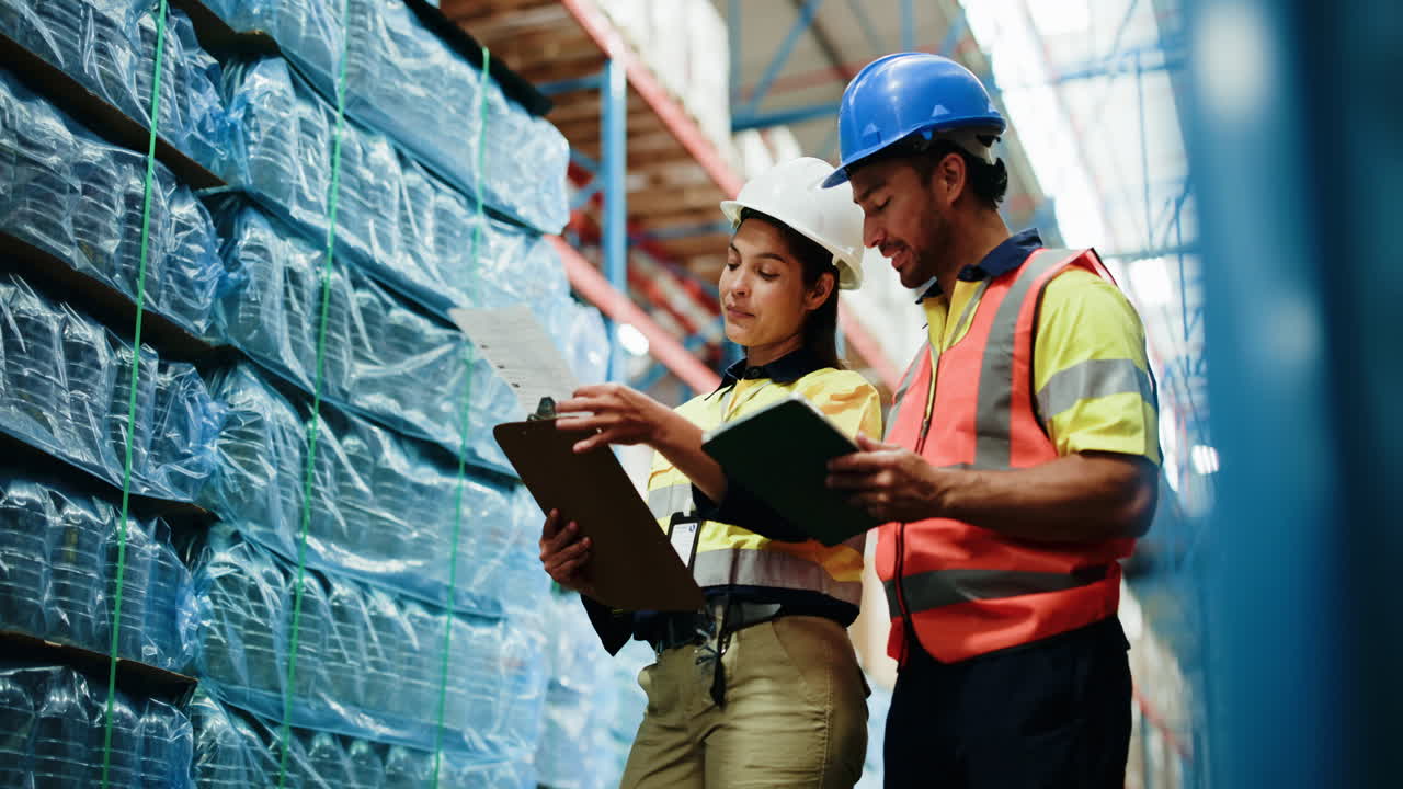 Two Warehouse Workers Checking Inventory and Discussing Documents