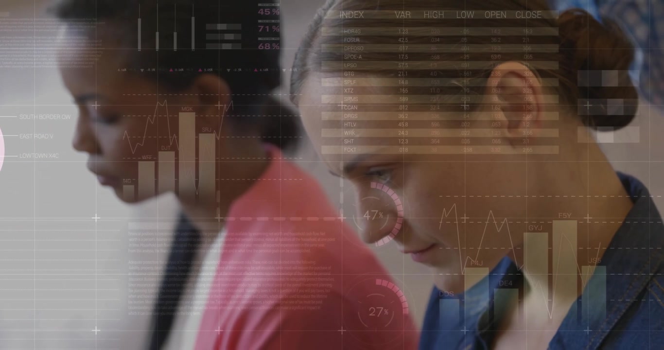 Businesswomen Working on Tablets with Digital Data Overlays