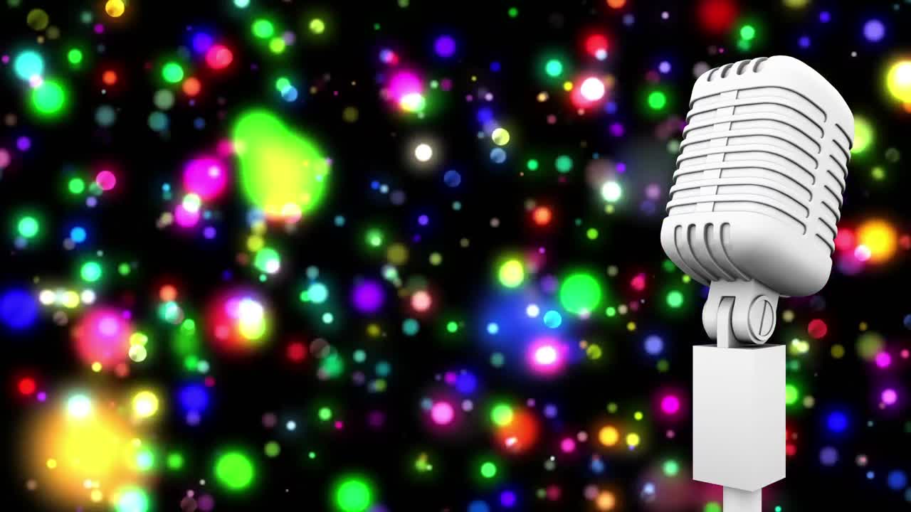 검은 바탕에 빛의 다채로운 반점에 대한 백색 레트로 마이크로폰