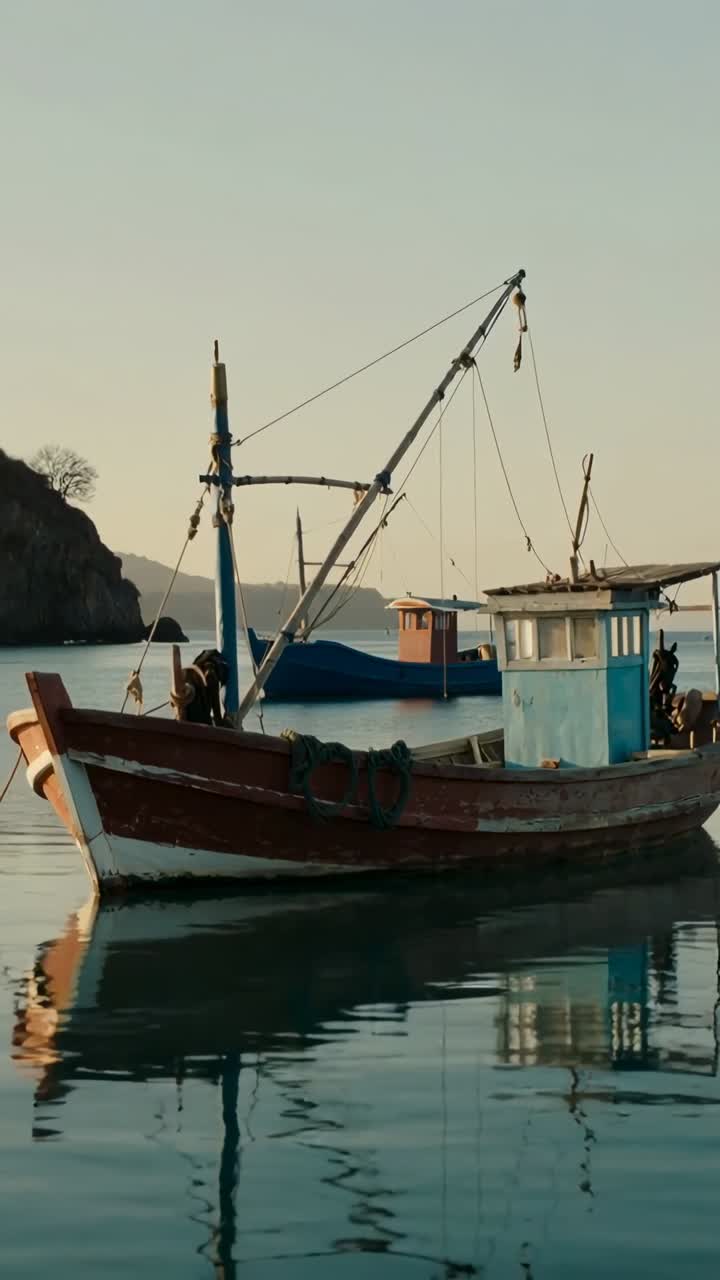 Vecchie Barche da Pesca Galleggianti Pacificamente su Acque Costiere Calme