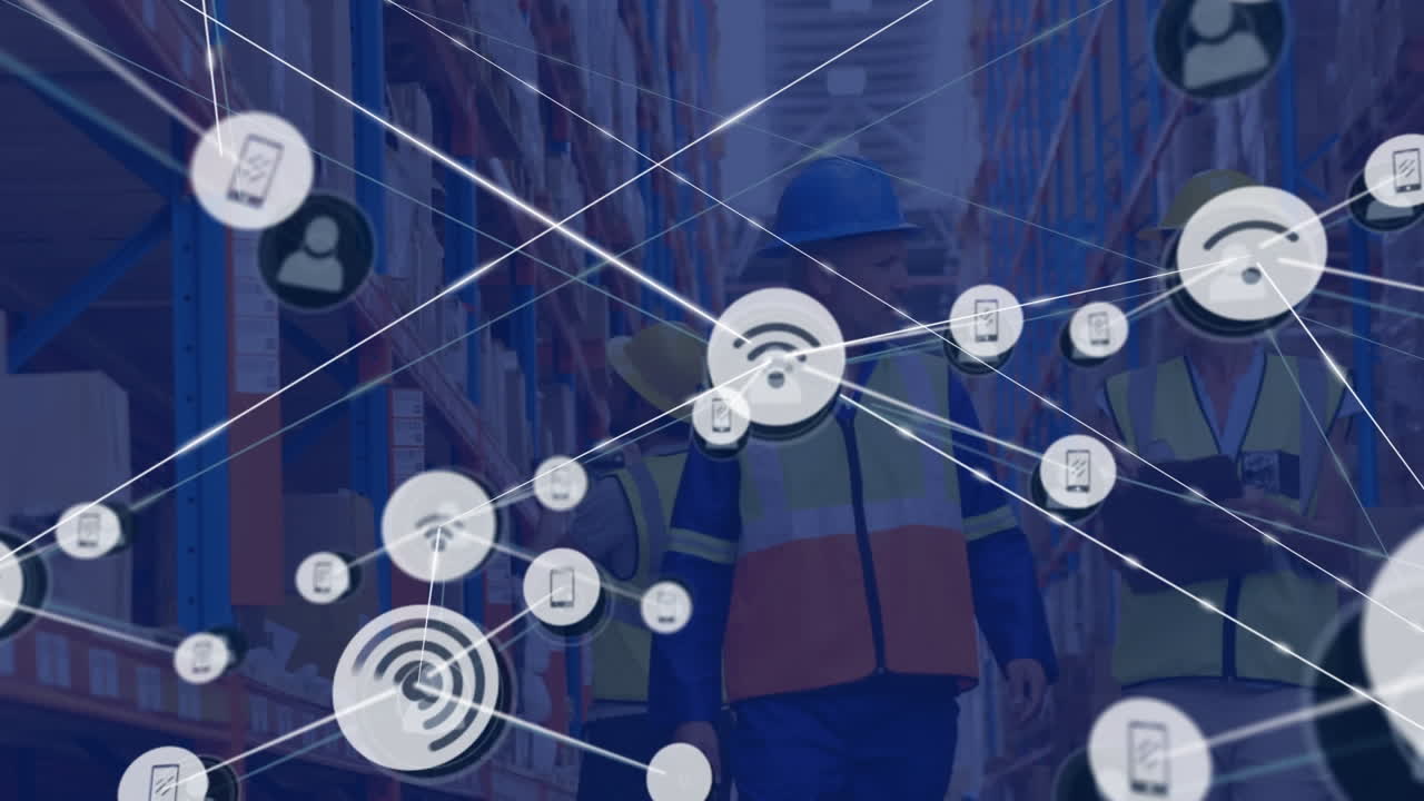 Animazione di una rete di connessioni su diversi lavoratori in un magazzino