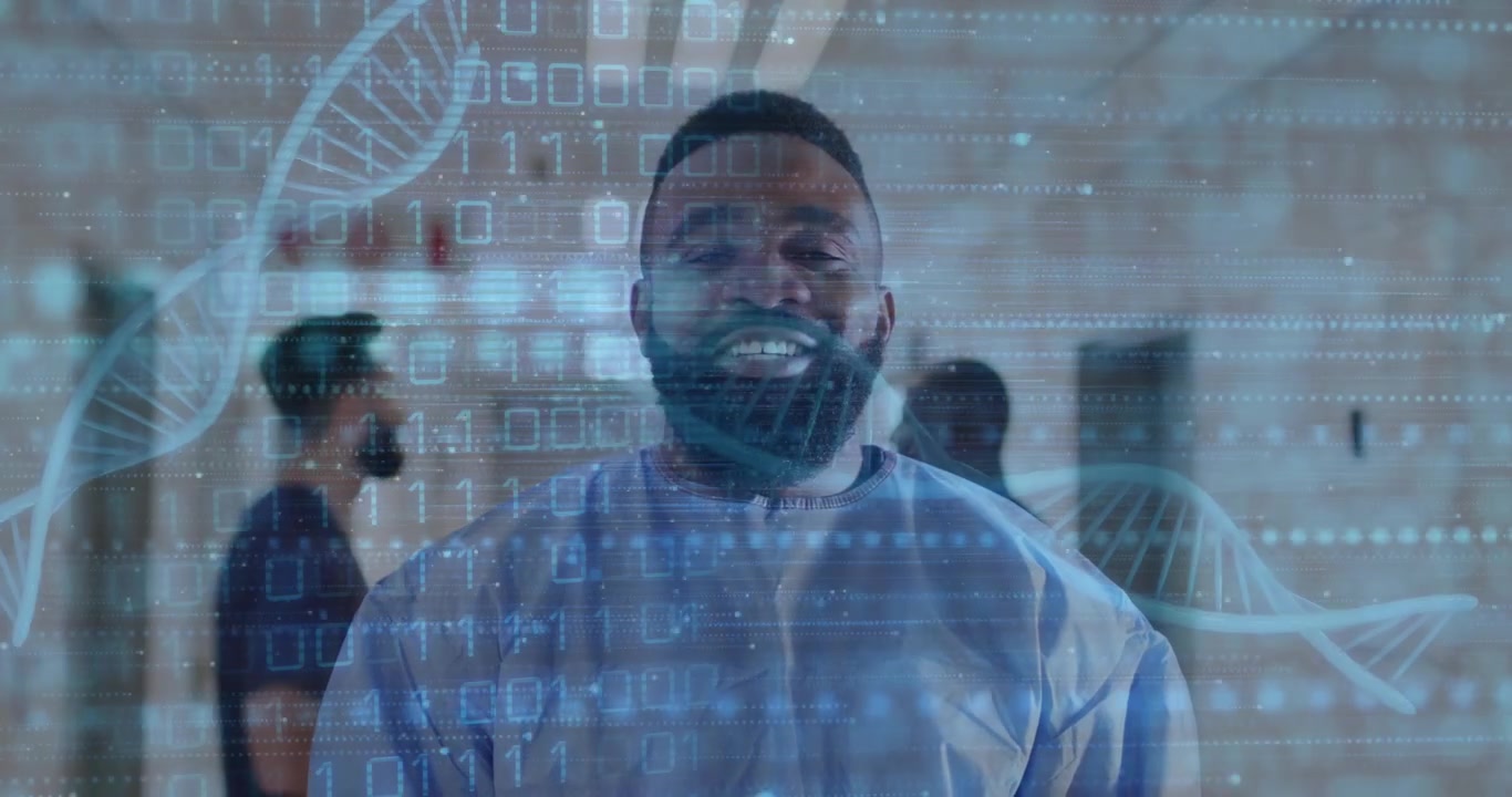 Male Doctor Smiling in Hospital Corridor with Digital DNA Overlay