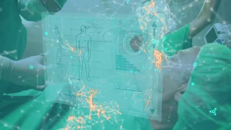 animation of medical information and data processing over surgeons at work in operating theatre