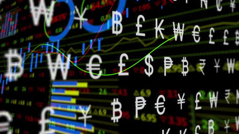 cluster of currency symbols being animated over trading screen featuring charts and tickers