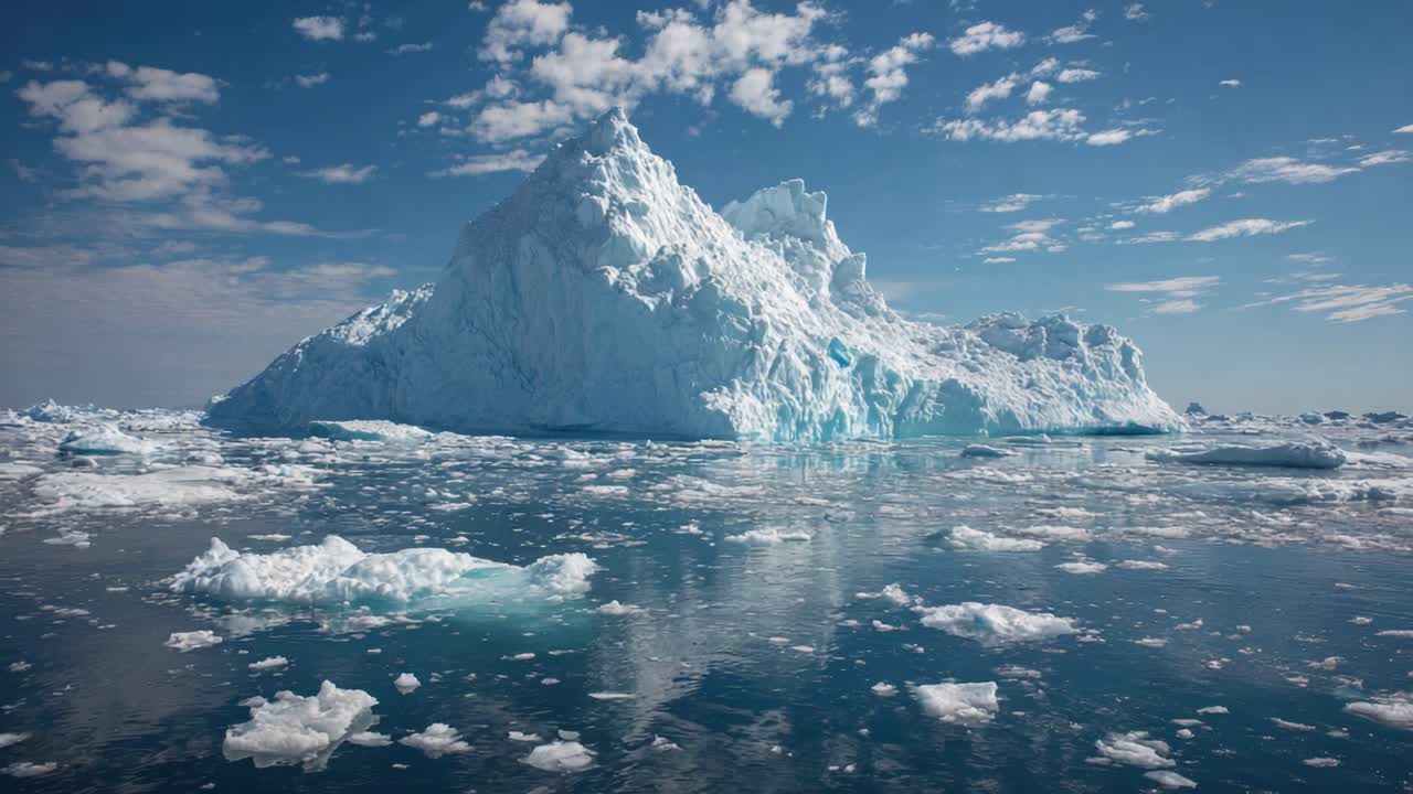 Stunning Transformation of an Icy Expedition: Captivating Visuals of an Iceberg Surrounded by Calm Waters and Dramatic Clouds in a Polar Environment