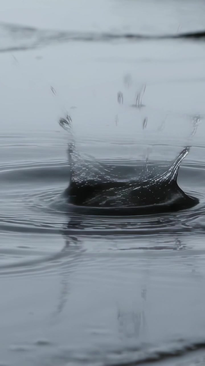 Vertical video: Falling droplets striking calm water from rain, forming crown cavity jet ripples