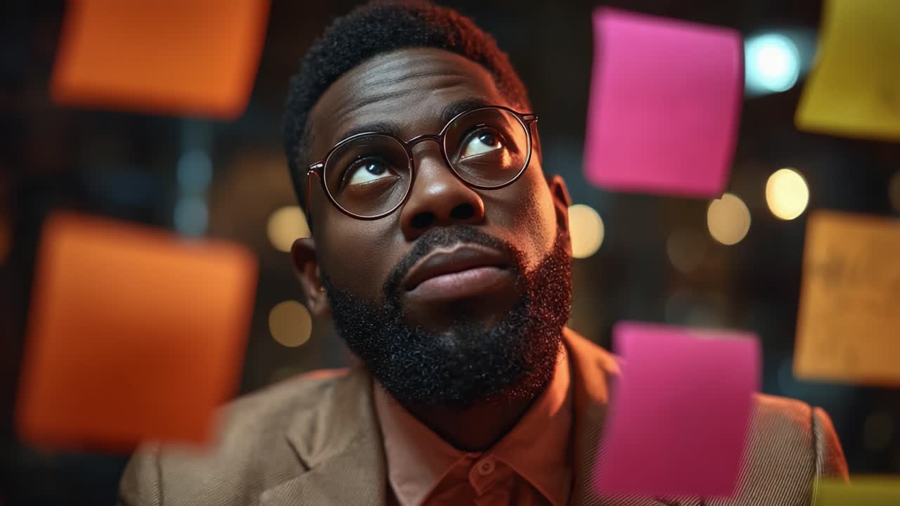 A Thoughtful Moment: A Man Reflecting on Ideas Surrounded by Colorful Sticky Notes in an Ambient Environment, Capturing Creativity and Focus