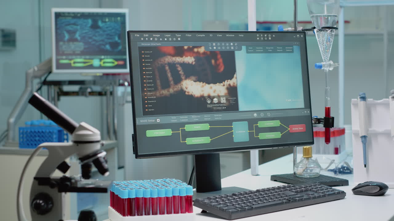 Laboratory workspace with microscope and computer