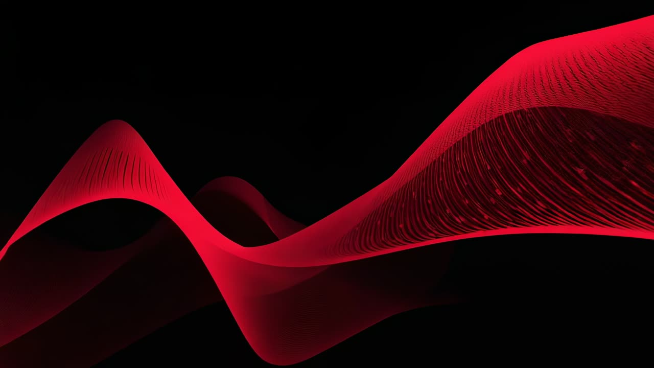 Animation starting, red ribbon flowing on black, showing layered waves and fine lines adding depth
