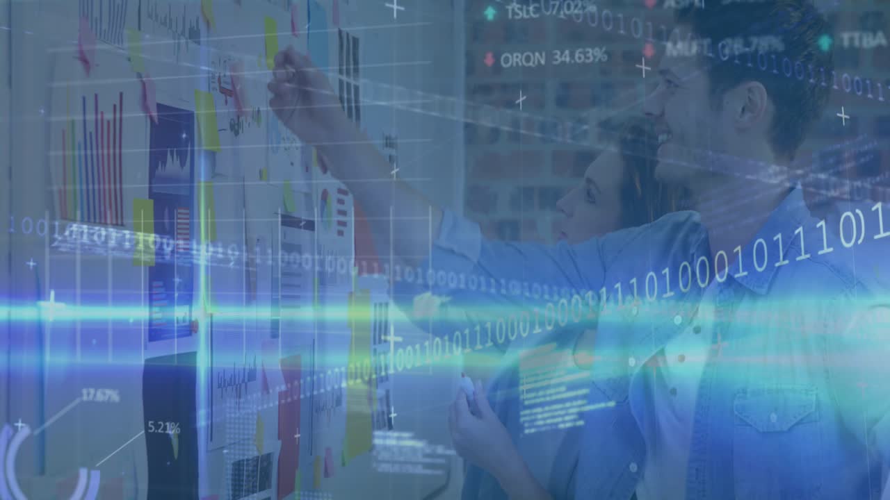 Animation of financial data processing and binary coding over business people working in office