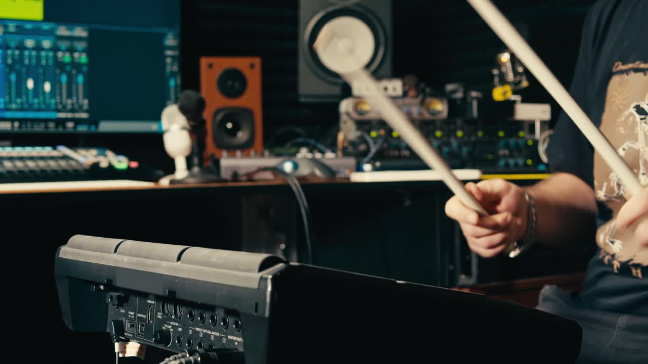 드럼 연주자는 음악 스튜디오에서 전자 드럼 키트를 연주하고, 리허설실에서 사운드 엔지니어와 함께 음악을 녹음합니다. 타악기 드럼 악기를 연주하는 수업. 록 음악 콘서트.