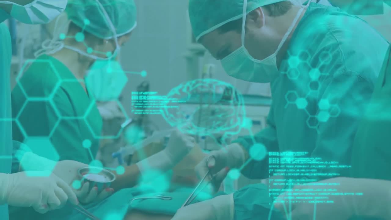 수술실에서 환자를 수술하는 외과의사에 대한 뇌 스캔과 의료 데이터 처리 애니메이션