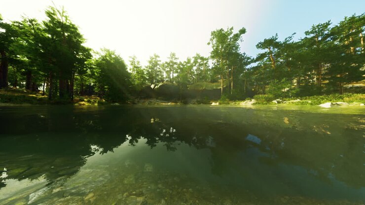 A tranquil forest lake with reflections on the water