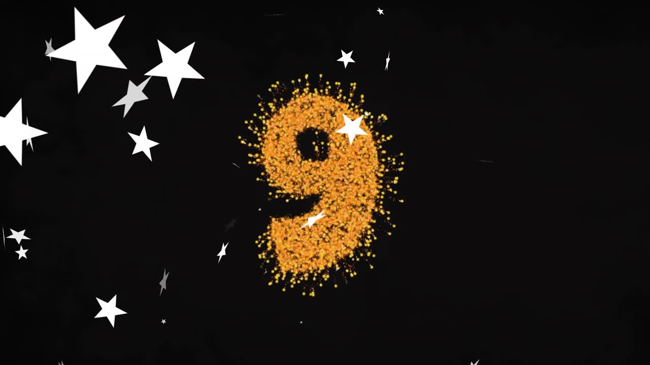Scintille che esplodono formando numeri di particelle dorate, dissolvendosi, conto alla rovescia da 8 a 0 per la rivelazione
