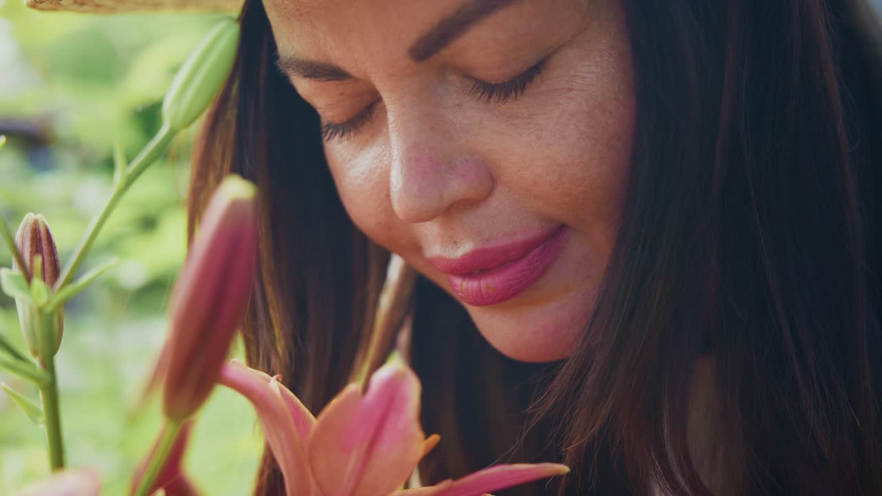 Woman with long dark hair enjoying the fragrance of blooming flowers in a vibrant garden setting