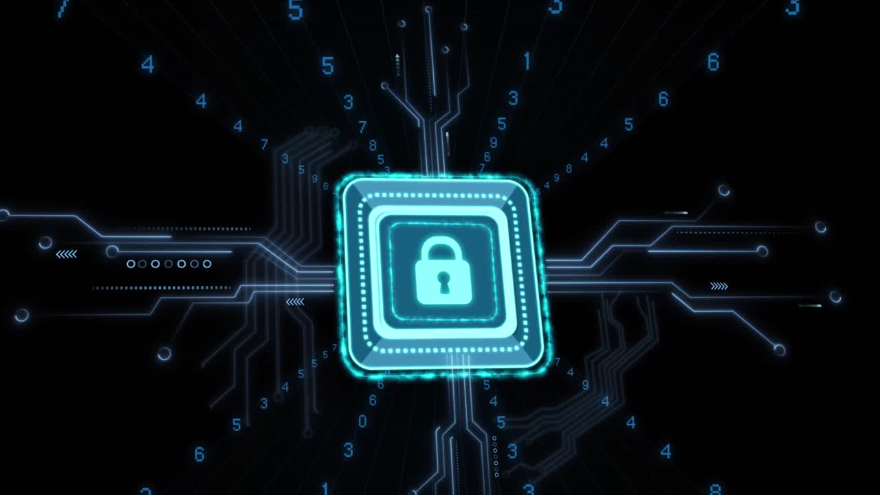 Animation of digital data processing and security padlock over black background