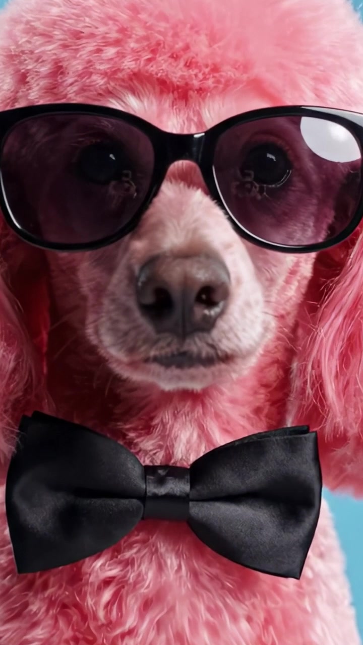 Un elegante barboncino rosa con occhiali da sole e un papillon, che emana fascino ed eleganza su uno sfondo blu vibrante, destinato a conquistare i cuori ovunque.
