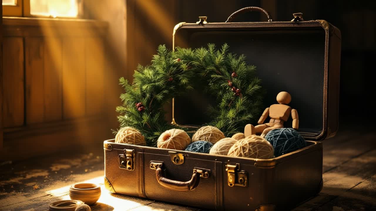 Cozy Vintage Suitcase with Christmas Wreath and Craft Supplies
