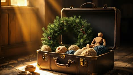 cozy vintage suitcase with christmas wreath and craft supplies