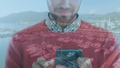 Animation-Eines-Mannes,-Der-Sein-Smartphone-über-Der-Stadtlandschaft-Nutzt