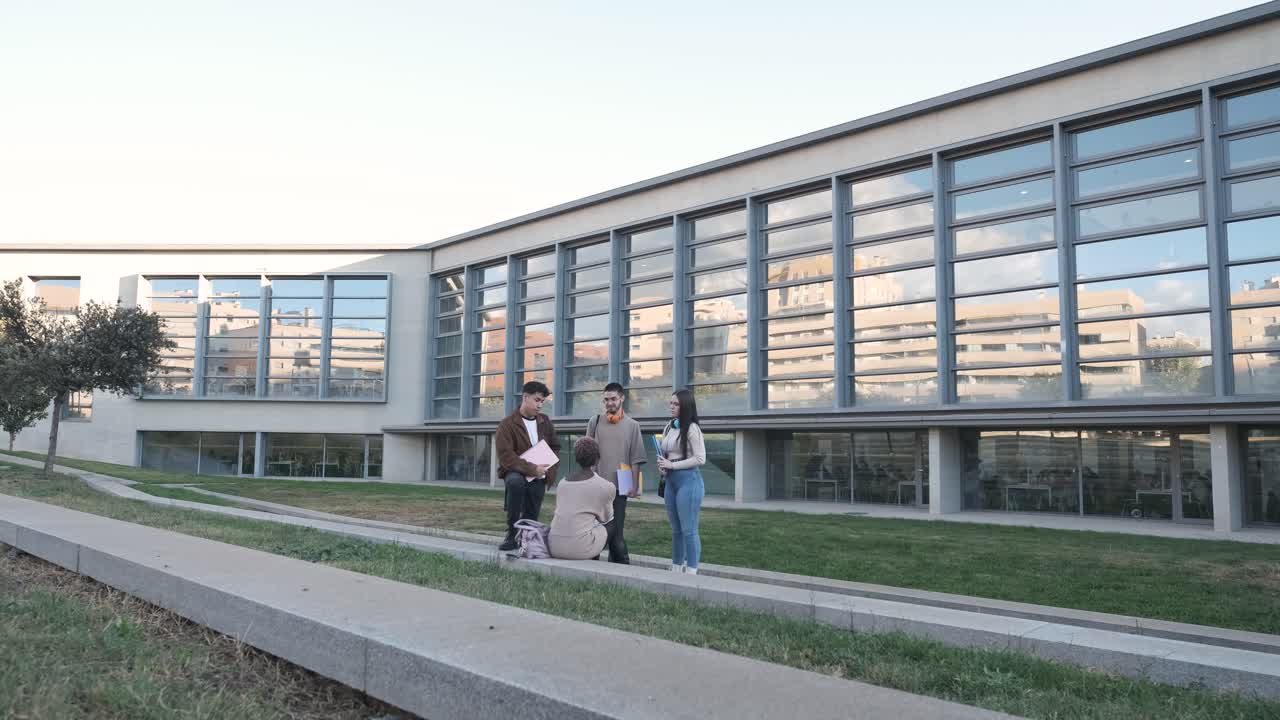 University campus with a group of students gathered together talking outdoors