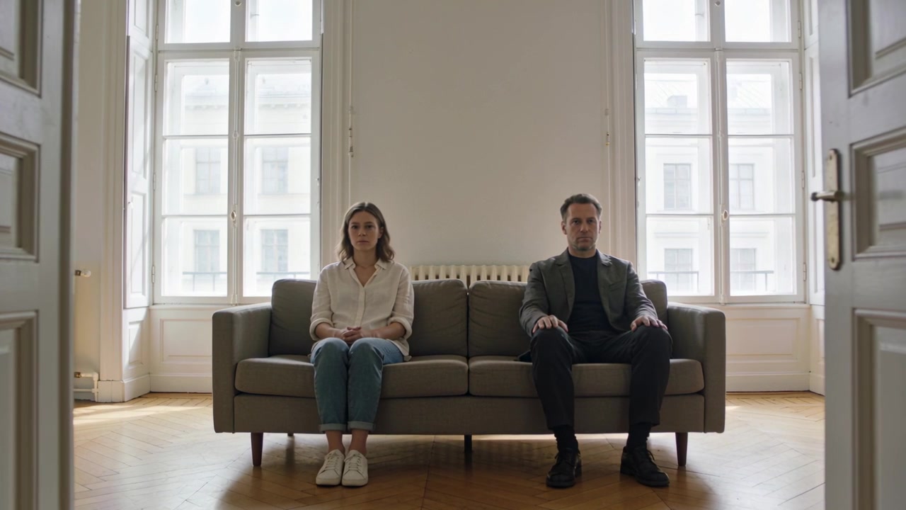 Pulling back camera revealing couple sitting on sofa in apartment, in white blouse and dark blazer