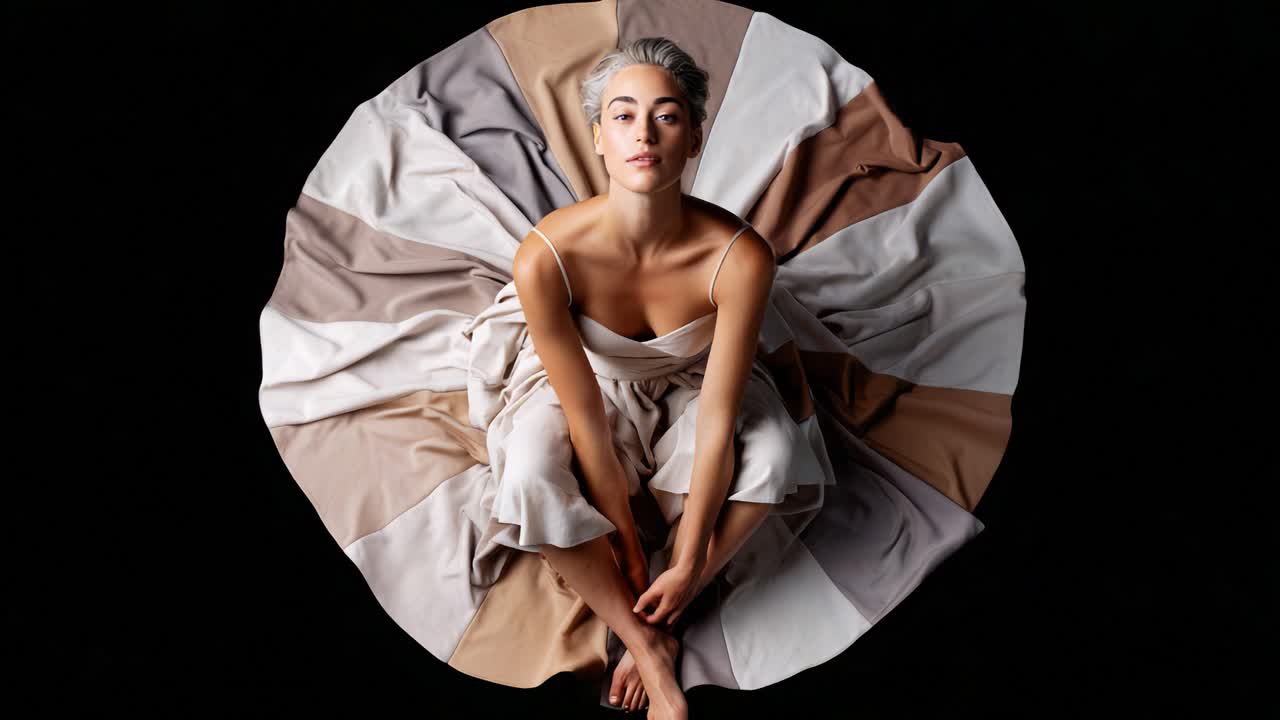 Un ritratto affascinante di una donna seduta con grazia, avvolta in un tessuto elegantemente drappeggiato, che crea un'esposizione artistica di colori su uno sfondo scuro.