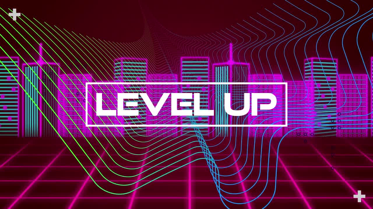 추상적인 배경에 대한 모델을 구축하는 파동 패턴 위의 레벨 업 텍스트의 애니메이션