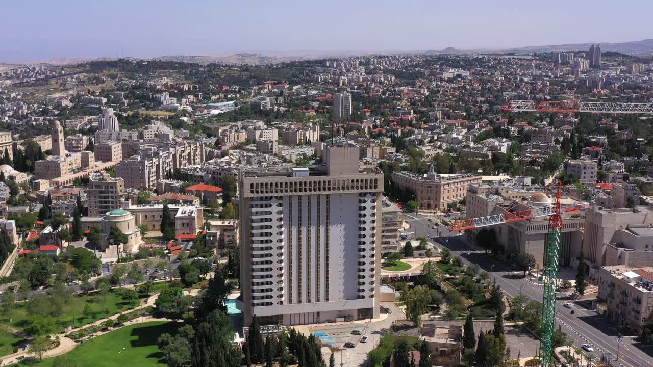Aerial View of Jerusalem Cityscape with a Large Hotel and Park