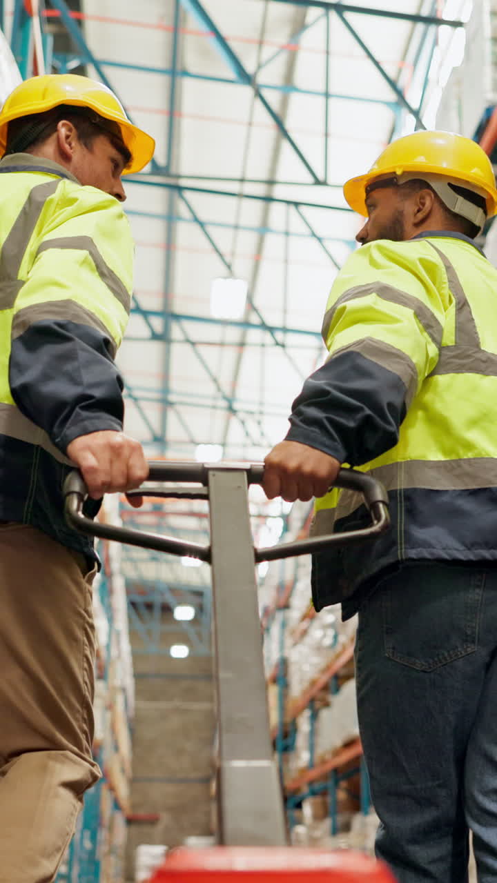 Warehouse workers operating pallet jack