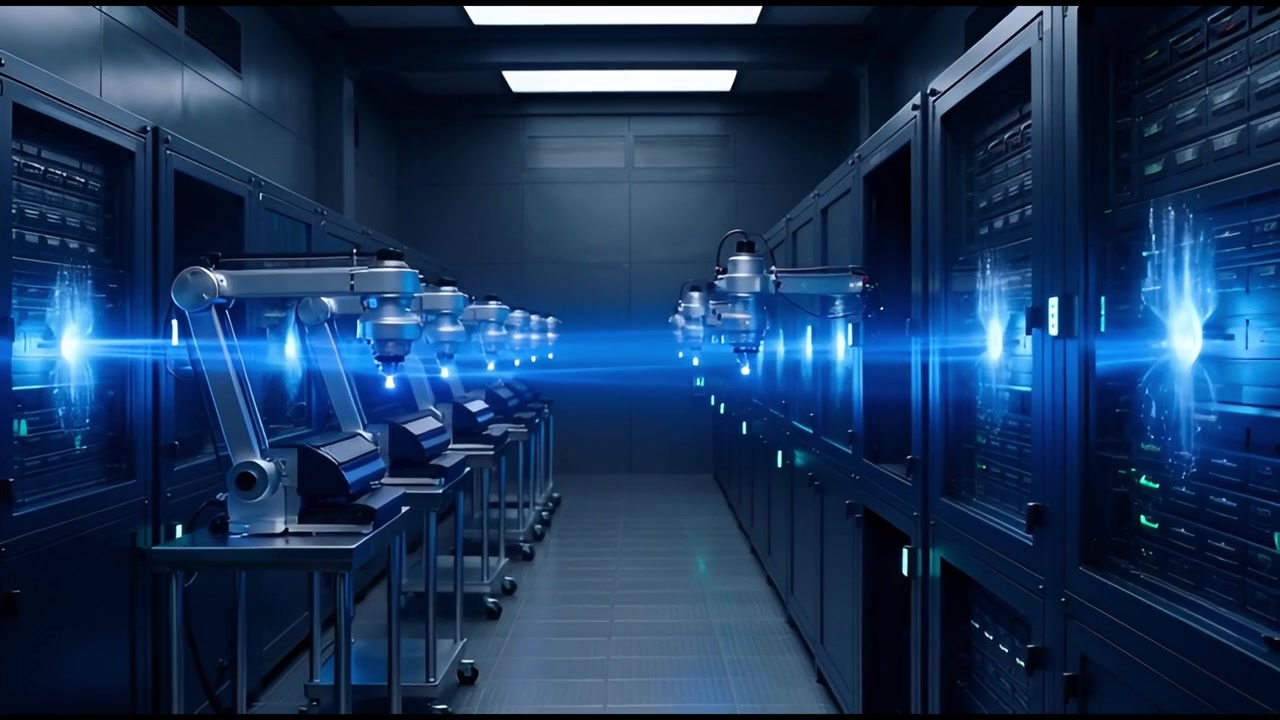 High-Tech Server Room with Robotic Arms and Blue Data Streams