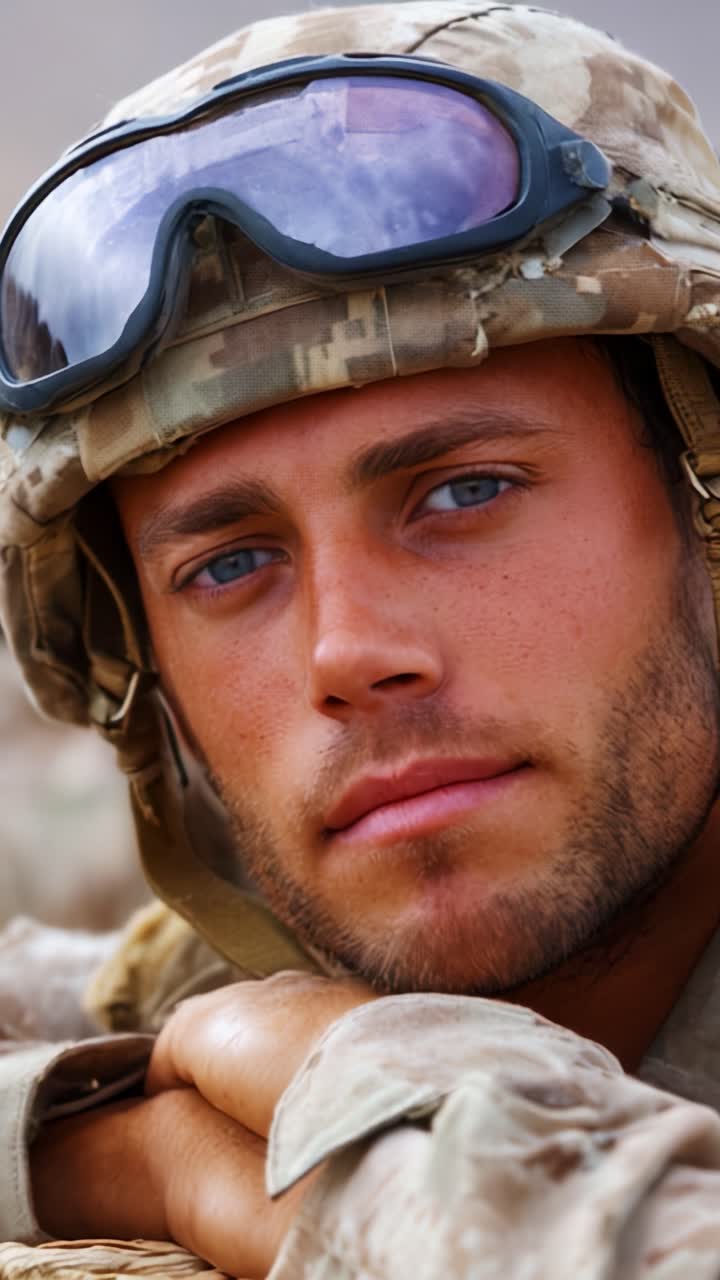 Un soldato militare concentrato guarda con determinazione, mostrando resilienza e impegno in un campo di battaglia tranquillo ma cupo, evidenziando coraggio e dedizione.