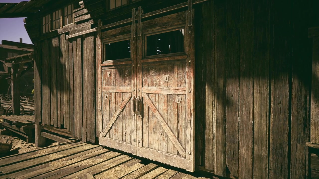 Faded building entrance with rustic wooden panels and shadows