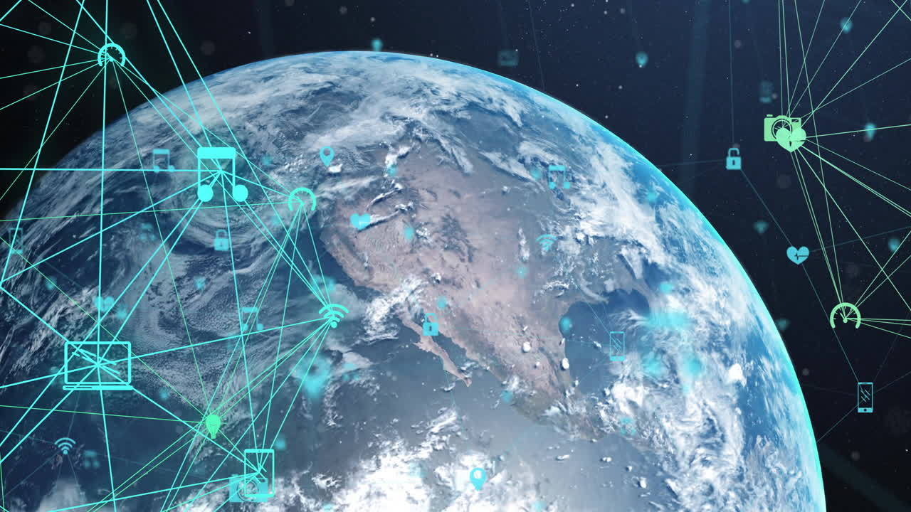 Digital network connections and data processing animation over Earth from space